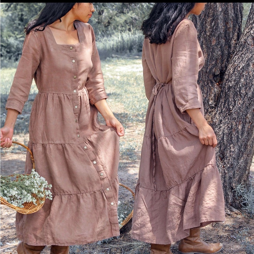 Handmade Tiered Linen Dress with Squared Neckline, Salmon/Peach, XL - Picture 3 of 9